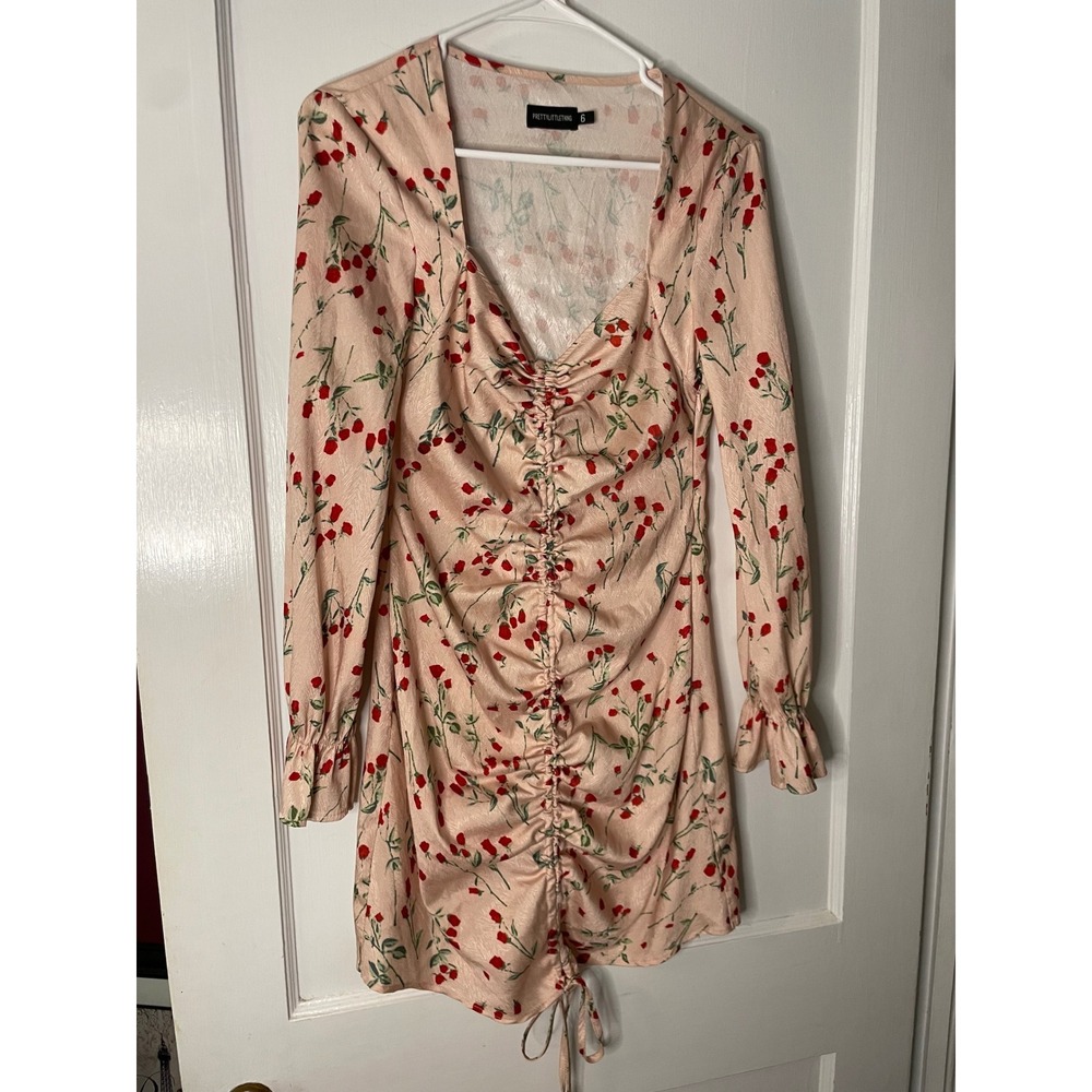PrettyLittleThing Floral Mini Dress‎ Ruched Long Sleeve Size 6
